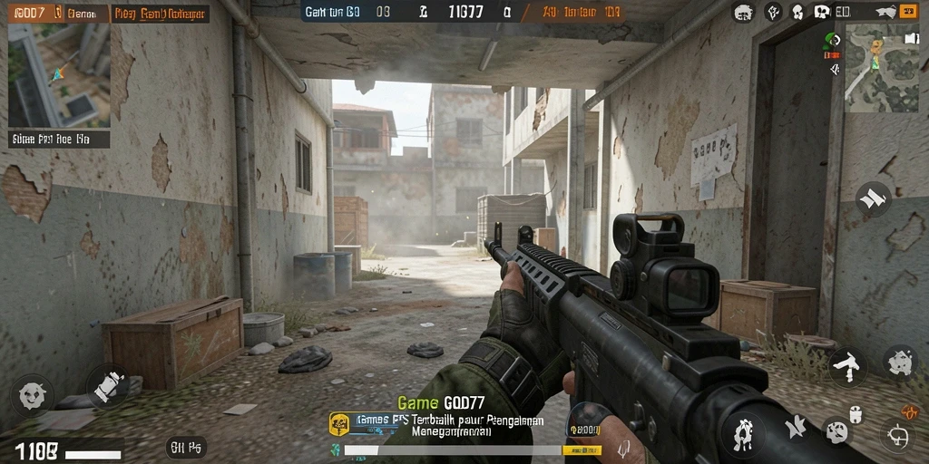 Screenshot gameplay GOD77 menampilkan aksi FPS yang mendebarkan.