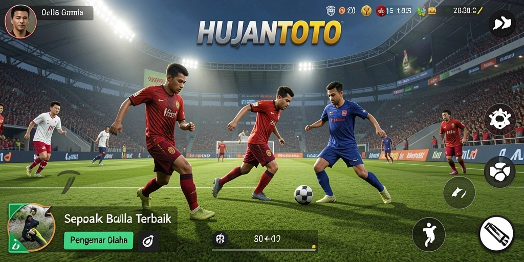 Tangkapan layar gameplay HUJANTOTO menunjukkan aksi pertandingan sepak bola yang mendebarkan.
