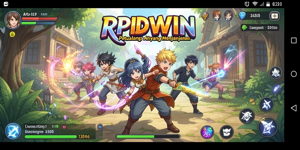 Tampilan gameplay RPIDWIN yang menampilkan karakter anime yang dinamis.
